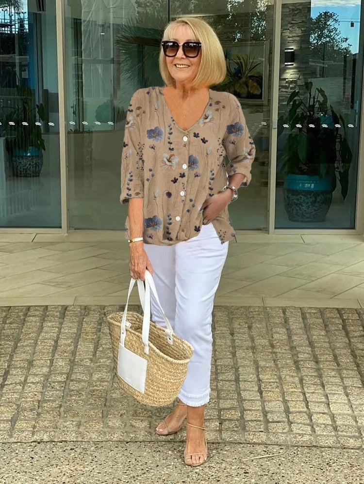 Teresa - Elegante Bloes Met Bloemenprint En Knoopjes
