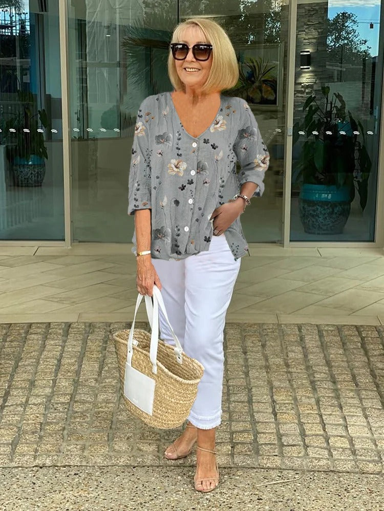 Teresa - Elegante Bloes Met Bloemenprint En Knoopjes