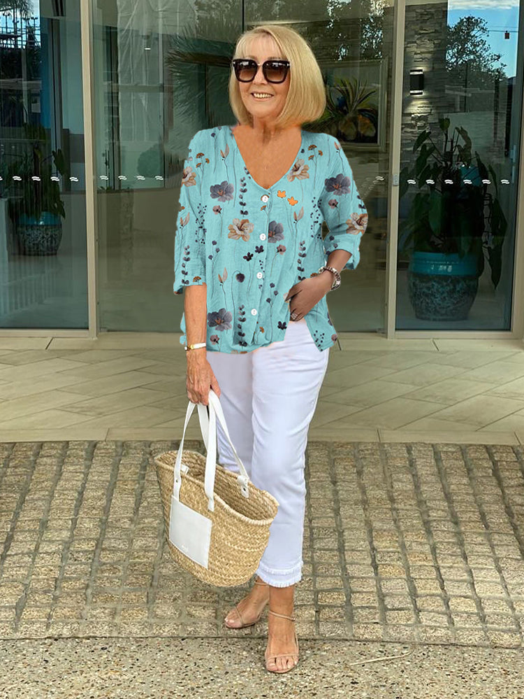 Teresa - Elegante Bloes Met Bloemenprint En Knoopjes